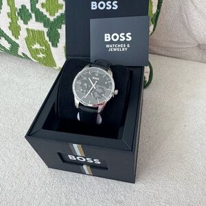 BOSS Silver Case Black Dial Leather Strap Men’s Watch